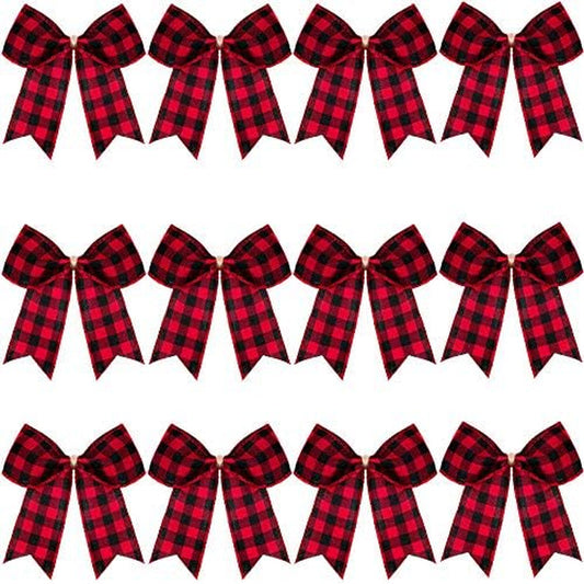 12 Pieces Buffalo Plaid Bows Burlap Decorative Velvet Bows for Wreaths for Valentine Day Gift Wrap Party Decoration(Red and Black,6 X 6 Inch)